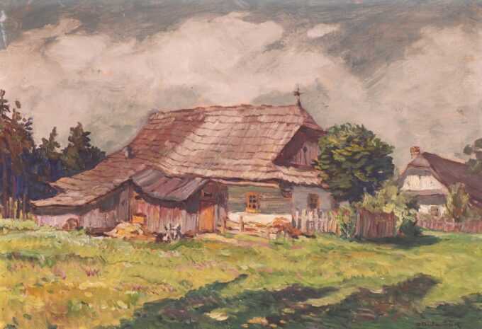 Ota Bubeníček, 31.10.1871 - 10.09.1962
Chaloupka, olej na kartóne, 34 x 50 cm
Ota Bubeníček vyrastal v umelecky založenej rodine riadiaceho učiteľa Jozefa Bubeníčka. Otec pripravoval najmladšieho syna (zo šiestich detí) na hudobnú dráhu. Študoval reálku, ale z nej nastúpil do učenia a potom niekoľko rokov pracoval ako litograf v pražskom Haasovom grafickom závode. Uplatnil tu svoj talent, ale starší brat Henrich – maliar, grafik a bábkar (1856–1935) už skôr priviedol Otu k maliarstvu. Túžba po umeleckej voľnosti ho zaviedla na Akadémii výtvarných umení v Prahe. Študoval tu v rokoch 1898-1904. Najviac sa venoval krajinomaľbe a umelecky bol najmä ovplyvnený Juliom Mařákom, u ktorého však mal možnosť študovať iba jeden školský rok. Čerpal aj z rád a tvorby profesorov Antonína Slávička a Rudolfa von Ottenfelda. Počas štúdia získal Purmannovo krajinárske štipendium. Po štúdiu v rokoch 1905 a 1906 mu bolo udelené absolventské Hlávkovo cestovné štipendium.
Hlavným motívom Ota Bubeníčka je český vidiek v rôznych obdobiach roka, chalupy, košaté stromy, rybníčky a polia. Obrazy s krajinomaľbou boli maľované v duchu realizmu, s neporušeným charakterom prírody, bohatou farebnosťou a štylizovanosťou. Nezabudol ani na ľudovú architektúru. Jeho maľby sú v dnešnej dobe aj dokumentárne. Prvé známe obrazy z obdobia začiatkov štúdia sú maľované u Podleského rybníka v Uhřiněvsi. Školské exkurzie smerovali postupne na Okoř, do Lochovíc u Muríc, Lodenice pri Berouna a Čimelic pri Tábore. V roku 1903 (snáď spoločne – so spolužiakmi A. Satrou a K. Langerom) cestuje do Dalmácie a severného Talianska. Maľuje množstvo obrazov so skalnatým a kamenistým pobrežím (napr. pod kláštorom St. Giacomo v Dubrovníku). V roku 1905 zastupuje prof. Ottenfelda na pobyte krajinárske školy v Ratajoch nad Sázavou. V tom istom roku na jeseň cestuje vďaka Hlávkovmu štipendiu do Holandska, Belgicka a Francúzska. V roku 1907 opätovne vďaka štipendiu do Francúzska, kde maľuje impresionisticky poňatý obraz Paríž. V rokoch 1907 až 1908 maľoval na moravskom Valašsku (Vsetín a Horná Bečva), od roku 1909 v južných Čechách (Čížová pri Písku, Protivín, Prachaticko a Strakonicko), potom aj na ďalších miestach (Týnec nad Sázavou, Železné Hory, Turnov a inde). V tomto období vytvára osobitú syntézu luminizmu, secesie a neskorého neoimpresionizmu, ktorá sa opiera o delený rukopis, výraznú ale až na výnimky citlivú farebnosť (napr. pri rybníku, v rannej hmle, v záhrade, lúčny potôčik a Samota).
Prvá svetová vojna prerušila jeho potulky s maliarskou tornou po vlastiach českých; bol ako vojak pridelený (s inými maliarmi a sochármi) na reštaurovanie zničených Assamových fresiek a na znovuzriadenie vnútrajška kostola sv. Mikuláša na Staromestskom námestí v Prahe. Po prvej svetovej vojne strávil kratší čas na Slovensku (1919 – 1920 a opätovne 1936 – 1937). Najmä však maľoval pri Svratke a Litavke. Od roku 1932 až do svojej smrti žil a pracoval v Mladej Vožici pri Tábore. V tomto období sa už plne vracia k realisticko-romantickému stvárneniu českej krajiny a k viac splývavému rukopisu (napr. Lipa pri kvapôčke na Súhradí, Zimný podvečer pri Panskom mlyne, Mladá Vožice od Mikulášskeho rybníka a Šelmberk od Mikuláša). Počas druhej svetovej vojny bol roku 1943 gestapom zatknutý a v Tábore vypočúvaný v súvislosti s pátraním po prechovávanej ilegálnej vysielačke.
Do vysokého veku Bubeníček kreslil aj maľoval, vystavoval a stal sa jedným z najobľúbenejších Mařákovcov vôbec.