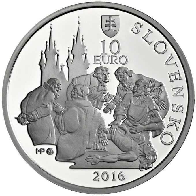 Ján Jessenius – 450. výročie narodenia
Strieborná zberateľská eurominca v nominálnej hodnote 10 eur
Ján Jessenius (27. 12. 1566 – 21. 6. 1621), lekár, vedec a rektor Karlovej univerzity v Prahe, patril k popredným vedcom na prelome 16. – 17. storočia. Zanechal na svoju dobu mimoriadne novátorské práce z medicíny a pokladá sa za jedného zo zakladateľov anatómie. V roku 1600 predviedol v Prahe prvú verejnú pitvu, ku ktorej vydal tlačou aj prednášku. Jeho hodiny anatómie boli preslávené a veľmi pokrokové. Je tiež autorom významných diel o kostiach, o krvi a o chirurgii. Publikoval a písal aj práce filozofické, historické a vieroučné. Politicky sa angažoval sa strane českých stavov, čo vyústilo do opozície s katolíckym cisárskym centralizmom. Stal sa jednou z vedúcich osobností stavovského povstania. V roku 1621 bolo povstanie českých stavov bitkou na Bielej hore potlačené, Jessenius bol obvinený z rebélie a urážky majestátu a odsúdený na trest smrti. Bol popravený spolu s ďalšími dvadsiatimi šiestimi českými pánmi na Staromestskom námestí v Prahe.