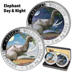  
Nová minca „Somalia Elephant“ 2023 populárnej série „African Wildlife Series“ bola vyrazená z jednej unce rýdzeho striebra 99,99 %. Séria African Wildlife sa vyznačuje každoročne sa meniacim motívom a je veľmi obľúbená u investorov po celom svete.
Na minci „African Wildlife - Elephant „ je tento rok vyobrazená, hlava úplne dospelého slona, ktorý obopína svoj chobot okolo visiacej vetvy. V pozadí sa črtá africká stepná krajina. Pri okraji mince sú nápisy „AFRICAN WILDLIFE“ a „ELEPHANT“, „1 oz“ a rýdzosť „Ag 999,9“.
Na rube je zobrazený somálsky štátny znak, ktorý zobrazuje štít s hviezdou podopretou dvoma leopardmi. Pod týmto symbolom sú dva tradičné oštepy a dva palmové listy a nápisy „SOMALSKÁ REPUBLIKA 2023, 100 šilingov“.
Limitovaná sada Day & Night Elephant je dodávaná v originálnej krabici vrátane certifikátu pravosti.