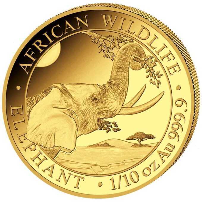 Nová, pozlatená minca „Somalia Elephant“ 2023 populárnej série „African Wildlife Series“ bola vyrazená z jednej desatiny unce rýdzeho zlata 999,9 %. Séria African Wildlife sa vyznačuje každoročne sa meniacim motívom a je veľmi obľúbená u investorov po celom svete.
Na minci „African Wildlife - Elephant „ je tento rok vyobrazená, hlava úplne dospelého slona, ktorý obopína svoj chobot okolo visiacej vetvy. V pozadí sa črtá africká stepná krajina. Pri okraji mince sú nápisy „AFRICAN WILDLIFE“ a „ELEPHANT“, „1/10 oz“ a rýdzosť „Ag 999,9“.
Na rube je zobrazený somálsky štátny znak, ktorý zobrazuje štít s hviezdou podopretou dvoma leopardmi. Pod týmto symbolom sú dva tradičné oštepy a dva palmové listy a nápisy „SOMALSKÁ REPUBLIKA 2023, 100 šilingov“.