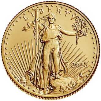 Minca American Eagle 2023 je razená americkou mincovňou z jednej desatiny unce zlata v UNC kvalite. 
Na motíve je Lady Liberty kráčajúca sebavedomo proti slnečným lúčom. V pravej ruke drží pochodeň a v ľavej olivovú ratolesť, ktorá symbolizuje mier. Na rube je vyobrazený americký orol bielohlavý. 
Nový dizajn vytvorila Jennie Norris a zobrazuje pôsobivý detailný portrét orla, ktorý je obklopený nápismi "SPOJENÉ ŠTÁTY AMERICKÉ" a "1/10 OZ. FINE GOLD - 5 DOLLARS". 
Populárna minca American Gold Eagle s novým dizajnom je dodávaná voľne – bez obalu.