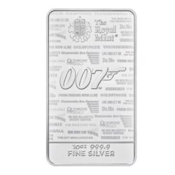 99824-silver_bar_10oz_james-bond_007_no-time-to-die_bar_1-jpg Strieborná investičná tehla. V roku 2020 sa k sortimentu výrobkov z drahých kovov od „The Royal Mint“ pripojila britská ikona v podobe agenta 007.