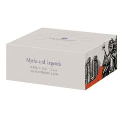 Strieborná zberateľská minca Royal Mint zo série Mýty a legendy venovaná čarodejníkovi Merlinovi, 2 Oz (62,2 g) striebra rýdzosti 999/1000, ročník 2023, proof prevedenie.