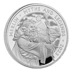 194774-myths-and-legends_2023_merilin_1oz_silver_coin_proof_2-jpg Strieborná zberateľská minca Royal Mint zo série Mýty a legendy venovaná čarodejníkovi Merlinovi, 1 Oz (31,1 g) striebra rýdzosti 999/1000, ročník 2023, proof prevedenie.