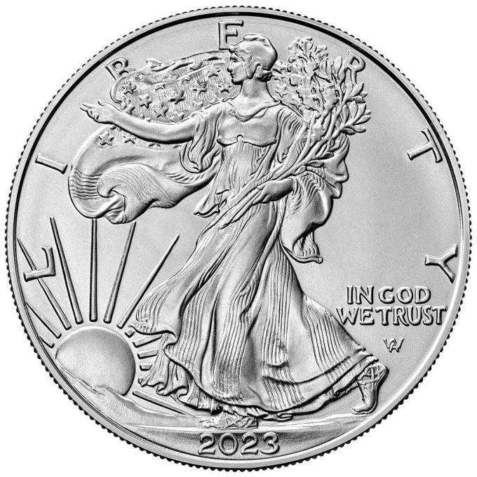 Edíciu American Silver Eagle 2023 razila americká mincovňa z jednej unce rýdzeho 999% striebra. Motív zobrazuje ikonickú bohyňu „Walking Liberty“ od Adolpha A. Weinmana, ktorá kráča k vychádzajúcemu slnku.
Na zadnej strane je zobrazený americký orol bielohlavý. Dizajn amerického orla bol pri príležitosti svojho 35. výročia v roku 2022 zmenený. Dizajn navrhla dizajnérka AIP Emily Damstra a zobrazuje majestátneho bielohlavého orla, ktorý pristáva na dubovú vetvu. Orla obklopujú nápisy „SPOJENÉ ŠTÁTY AMERICKÉ“ a „1OZ. FINE SILVER - ONE DOLLAR“. Strieborná minca 2023 s novým dizajnom je dodávaná voľne bez obalu.
Info: Ak si objednáte 20 mincí, mince sa dodávajú v pôvodnej tube od americkej mincovne.
 