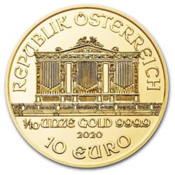 Zlatá investičná minca Wiener Philharmoniker, 1/10 Oz (3,11 g), rýdzosť 999,9/1000, nominálna hodnota 10 €, rôzny ročník (od roku 2002).