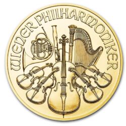 Zlatá investičná minca Wiener Philharmoniker, 1/10 Oz (3,11 g), rýdzosť 999,9/1000, nominálna hodnota 10 €, rôzny ročník (od roku 2002).