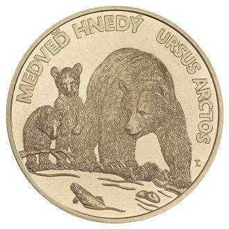 Fauna a flóra na Slovensku – medveď hnedý
Zberateľská eurominca z obyčajných kovov v nominálnej hodnote 5 eur
Medveď hnedý je našou najväčšou šelmou. Má zavalité telo, malé oči aj ušnice, krátky chvost, výrazné pazúry a hustú 8 až 12 cm dlhú srsť so širokou škálou odtieňov od svetlohnedej až po takmer čiernu. Samec je spravidla ťažší, môže vážiť až 350 kg. Vyskytuje sa najmä v horských oblastiach stredného, severného a severovýchodného Slovenska. Obľubuje zmiešané aj ihličnaté lesy. Medveď je všežravec. Rastlinná zložka tvorí 90% jeho potravy. Zvyšných 10% tvoria zdochliny, menšie živočíchy, hmyz a príležitostne chorá, prípadne zranená raticová zver. Zimné obdobie, približne od začiatku novembra do apríla, prečkáva v brlohoch. Do brlohov zaliezajú ako prvé medvedice s mláďatami a vyliezajú z nich ako posledné. Samec vyhľadáva samicu len v období párenia, zväčša od konca apríla do začiatku augusta. Mláďatá sa rodia v priebehu januára a februára, v bezpečí zimného brlohu, slepé, s krátkou srsťou a váhou menej ako 500 g. Vo voľnej prírode sa medvede môžu dožívať aj viac ako 30 rokov.   