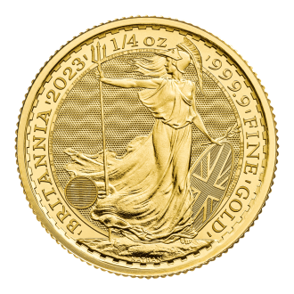 Mince Britannia z roku 2023 boli až do 1. decembra 2022 stále razené s piatou a poslednou podobizňou kráľovnej Alžbety II. Od 1. decembra 2022 sa razia prvé mince s portrétom kráľa Karola III.
Minca Britannia 1/4 oz, ročník 2023 je vyrazená Britskou kráľovskou mincovňou z 1/4 unce 99,99% čistého zlata. Ženská postava v brnení je symbolom vlastenectva krajiny. Motív je obklopený nápismi "Britannia 2023" a "1/4 OZ 9999 FINE GOLD". Na rube je po prvý raz portrét kráľa Karola III. - nástupcu kráľovnej Alžbety II., ktorá zomrela v septembri 2022. Zlatú mincu Britannia vydáva Britská kráľovská mincovňa od roku 1987. Zlatá minca sa dodáva voľne.
Zlatá minca Britannia 2023, ktorú vytvoril tím, ktorý stojí za 12-strannou 1 librovou mincou Spojeného kráľovstva, ktorá je známa ako „najbezpečnejšia minca na svete“.
Minca obsahuje inovatívnu bezpečnostnú technológiu, ktorá z nej robí vizuálne najbezpečnejšiu zlatú mincu na svete. Vyobrazenie Britannie od Philipa Nathana, vyrazené z rýdzeho zlata 999,9 a vylepšené štyrmi bezpečnostnými prvkami, je na tejto zlatej minci také krásne ako kedykoľvek predtým.
V ľavej dolnej časti návrhu, pod splývavými šatami Britannie, predstavuje trojzubec jej námornú históriu a keď pozorovateľ zmení perspektívu, tento trojzubec sa stane visiacim zámkom, ktorý zdôrazňuje bezpečnú povahu mince. Povrchová animácia odráža pohyb vĺn a jemné detaily, ako napríklad vlajka Únie na štíte Britannie, boli starostlivo zvýraznené v tejto zlatej povrchovej úprave mince. Tieto pridané bezpečnostné prvky zdobia a chránia mincu, rovnako ako mikrotext, ktorý lemuje dizajn, uvádza – „Decus et Tutamen“, čo v preklade znamená „Ozdoba a ochrana“.