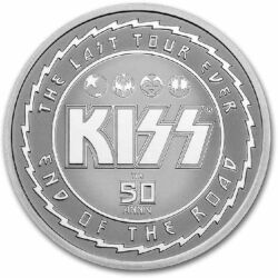 Strieborná minca. KISS - 50. výročie 2023. KISS prvýkrát vyšli na pódium v roku 1973 a teda v roku 2023 oslavujeme 50-ročný triumf kráľov rock´n´rollového sveta.