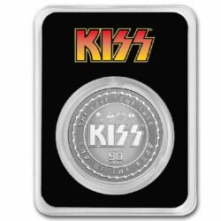 Strieborná minca. KISS - 50. výročie 2023. KISS prvýkrát vyšli na pódium v roku 1973 a teda v roku 2023 oslavujeme 50-ročný triumf kráľov rock´n´rollového sveta.