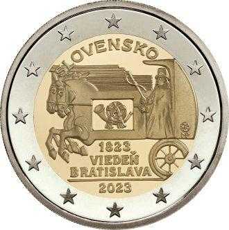 200. výročie začiatku pravidelnej expresnej pošty ťahanej koňmi na trase Viedeň – Bratislava
Na národnej strane pamätnej euromince je symbolické zobrazenie expresnej pošty v podobe dynamického zachytenia poštového voza ťahaného koňmi s centrálne umiestneným poštovým rohom. 
V spodnej časti mincového poľa je letopočet „1823“ označujúci začiatok prevádzky expresnej pošty medzi Viedňou a Bratislavou, pod ktorým sú v dvoch riadkoch názvy týchto miest „VIEDEŇ“ a „BRATISLAVA“. Pod nimi je vodorovnou líniou graficky oddelený letopočet „2023“. 
V hornej časti mincového poľa je v opise názov štátu „SLOVENSKO“. Na pravej strane kompozície je značka Mincovne Kremnica, štátny podnik, ktorú tvorí skratka „MK“ umiestnená medzi dvoma razidlami, pod ktorou sú štylizované iniciálky autorky výtvarného návrhu Márie Poldaufovej „MP“. Vo vonkajšom prstenci pamätnej euromince je vyobrazených dvanásť hviezd vlajky Európskej únie.