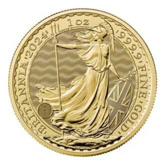 Minca Britannia 1 oz, ročník 2024 je vyrazená Britskou kráľovskou mincovňou z 1 unce 99,99% rýdzeho zlata. Ženská postava v brnení je symbolom vlastenectva krajiny. Motív je obklopený nápismi "Britannia 2024" a "1 OZ 9999 FINE GOLD". Zlatú mincu Britannia vydáva Britská kráľovská mincovňa od roku 1987. 
Minca obsahuje inovatívnu bezpečnostnú technológiu, ktorá z nej robí vizuálne najbezpečnejšiu zlatú mincu na svete. Vyobrazenie Britannie od Philipa Nathana, vyrazené z rýdzeho zlata 999,9 a vylepšené štyrmi bezpečnostnými prvkami, je na tejto zlatej minci také krásne ako kedykoľvek predtým. 
V ľavej dolnej časti návrhu, pod splývavými šatami Britannie, predstavuje trojzubec jej námornú históriu a silu. Keď pozorovateľ zmení perspektívu, tento trojzubec sa stane visiacim zámkom, ktorý zdôrazňuje bezpečnú povahu mince. Povrchová animácia odráža pohyb vĺn a jemné detaily, ako napríklad vlajka Únie na štíte Britannie, boli starostlivo zvýraznené v tejto zlatej povrchovej úprave mince. Tieto pridané bezpečnostné prvky zdobia a chránia mincu, rovnako ako mikrotext, ktorý lemuje dizajn, uvádza – „Decus et Tutamen“, čo v preklade znamená „Ozdoba a ochrana“.
Zlatá minca sa dodáva voľne.