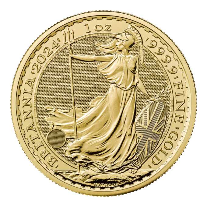 Minca Britannia 1 oz, ročník 2024 je vyrazená Britskou kráľovskou mincovňou z 1 unce 99,99% rýdzeho zlata. Ženská postava v brnení je symbolom vlastenectva krajiny. Motív je obklopený nápismi "Britannia 2024" a "1 OZ 9999 FINE GOLD". Zlatú mincu Britannia vydáva Britská kráľovská mincovňa od roku 1987.
Minca obsahuje inovatívnu bezpečnostnú technológiu, ktorá z nej robí vizuálne najbezpečnejšiu zlatú mincu na svete. Vyobrazenie Britannie od Philipa Nathana, vyrazené z rýdzeho zlata 999,9 a vylepšené štyrmi bezpečnostnými prvkami, je na tejto zlatej minci také krásne ako kedykoľvek predtým.
V ľavej dolnej časti návrhu, pod splývavými šatami Britannie, predstavuje trojzubec jej námornú históriu a silu. Keď pozorovateľ zmení perspektívu, tento trojzubec sa stane visiacim zámkom, ktorý zdôrazňuje bezpečnú povahu mince. Povrchová animácia odráža pohyb vĺn a jemné detaily, ako napríklad vlajka Únie na štíte Britannie, boli starostlivo zvýraznené v tejto zlatej povrchovej úprave mince. Tieto pridané bezpečnostné prvky zdobia a chránia mincu, rovnako ako mikrotext, ktorý lemuje dizajn, uvádza – „Decus et Tutamen“, čo v preklade znamená „Ozdoba a ochrana“.
Zlatá minca sa dodáva voľne.