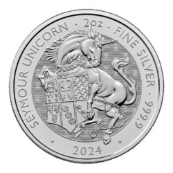 Strieborná minca "Seymour Unicorn" zo série Royal Mint The Royal Tudor Beasts, 2 Oz (62,2 g), rýdzosť 999,9/1000, nominálna hodnota 5 GBP, ročník 2024.
