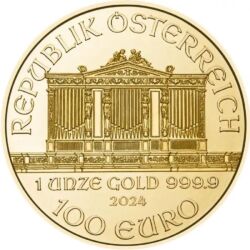 Zlatá investičná minca Wiener Philharmoniker, 1 Oz (31,1 g), rýdzosť 999,9/1000, nominálna hodnota 100 €, ročník 2024.