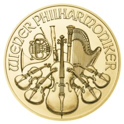 Zlatá investičná minca Wiener Philharmoniker, 1 Oz (31,1 g), rýdzosť 999,9/1000, nominálna hodnota 100 €, ročník 2024.