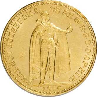 20 Korún Gold 1892 - 1915 František Jozef I. - Uhorsko
Koruna, ktorá sa datuje od menovej reformy v roku 1892, sa stala prvou zlatou menou v histórii Rakúska, keď sa namiesto guldenu vydali 10 a 20 korunové mince. Vznešená a oveľa väčšia 100 korunová minca bola vydaná pri diamantovom jubileu cisára Františka Jozefa v roku 1908.
