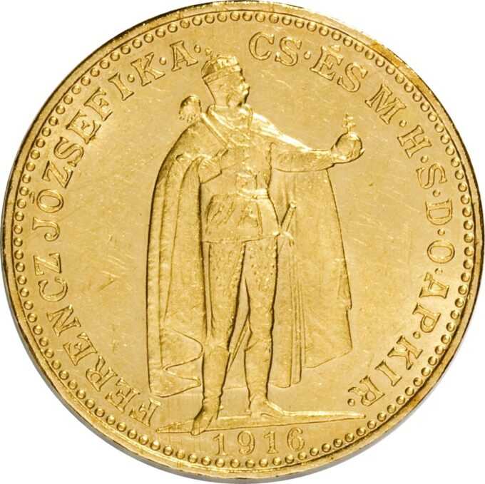 20 Korún Gold 1892 - 1915 František Jozef I. - Uhorsko
Koruna, ktorá sa datuje od menovej reformy v roku 1892, sa stala prvou zlatou menou v histórii Rakúska, keď sa namiesto guldenu vydali 10 a 20 korunové mince. Vznešená a oveľa väčšia 100 korunová minca bola vydaná pri diamantovom jubileu cisára Františka Jozefa v roku 1908.