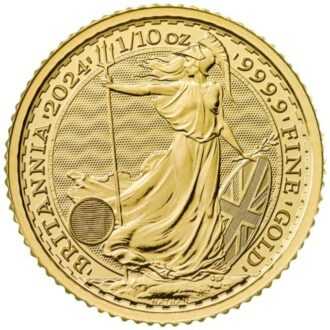 Minca Britannia 1/10oz, ročník 2024 je vyrazená Britskou kráľovskou mincovňou z 1/10 unce 99,99% rýdzeho zlata. Ženská postava v brnení je symbolom vlastenectva krajiny. Motív je obklopený nápismi "Britannia 2024" a "1/10 OZ 9999 FINE GOLD". Zlatú mincu Britannia vydáva Britská kráľovská mincovňa od roku 1987. 
Zlatá minca sa dodáva voľne.
Minca obsahuje inovatívnu bezpečnostnú technológiu, ktorá z nej robí vizuálne najbezpečnejšiu zlatú mincu na svete. Vyobrazenie Britannie od Philipa Nathana, vyrazené z rýdzeho zlata 999,9 a vylepšené štyrmi bezpečnostnými prvkami, je na tejto zlatej minci také krásne ako kedykoľvek predtým. 
V ľavej dolnej časti návrhu, pod splývavými šatami Britannie, predstavuje trojzubec jej námornú históriu a silu. Keď pozorovateľ zmení perspektívu, tento trojzubec sa stane visiacim zámkom, ktorý zdôrazňuje bezpečnú povahu mince. Povrchová animácia odráža pohyb vĺn a jemné detaily, ako napríklad vlajka Únie na štíte Britannie, boli starostlivo zvýraznené v tejto zlatej povrchovej úprave mince. Tieto pridané bezpečnostné prvky zdobia a chránia mincu, rovnako ako mikrotext, ktorý lemuje dizajn, uvádza – „Decus et Tutamen“, čo v preklade znamená „Ozdoba a ochrana“.