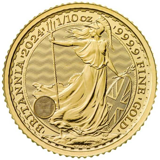 Minca Britannia 1/10oz, ročník 2024 je vyrazená Britskou kráľovskou mincovňou z 1/10 unce 99,99% rýdzeho zlata. Ženská postava v brnení je symbolom vlastenectva krajiny. Motív je obklopený nápismi "Britannia 2024" a "1/10 OZ 9999 FINE GOLD". Zlatú mincu Britannia vydáva Britská kráľovská mincovňa od roku 1987.
Zlatá minca sa dodáva voľne.
Minca obsahuje inovatívnu bezpečnostnú technológiu, ktorá z nej robí vizuálne najbezpečnejšiu zlatú mincu na svete. Vyobrazenie Britannie od Philipa Nathana, vyrazené z rýdzeho zlata 999,9 a vylepšené štyrmi bezpečnostnými prvkami, je na tejto zlatej minci také krásne ako kedykoľvek predtým.
V ľavej dolnej časti návrhu, pod splývavými šatami Britannie, predstavuje trojzubec jej námornú históriu a silu. Keď pozorovateľ zmení perspektívu, tento trojzubec sa stane visiacim zámkom, ktorý zdôrazňuje bezpečnú povahu mince. Povrchová animácia odráža pohyb vĺn a jemné detaily, ako napríklad vlajka Únie na štíte Britannie, boli starostlivo zvýraznené v tejto zlatej povrchovej úprave mince. Tieto pridané bezpečnostné prvky zdobia a chránia mincu, rovnako ako mikrotext, ktorý lemuje dizajn, uvádza – „Decus et Tutamen“, čo v preklade znamená „Ozdoba a ochrana“.