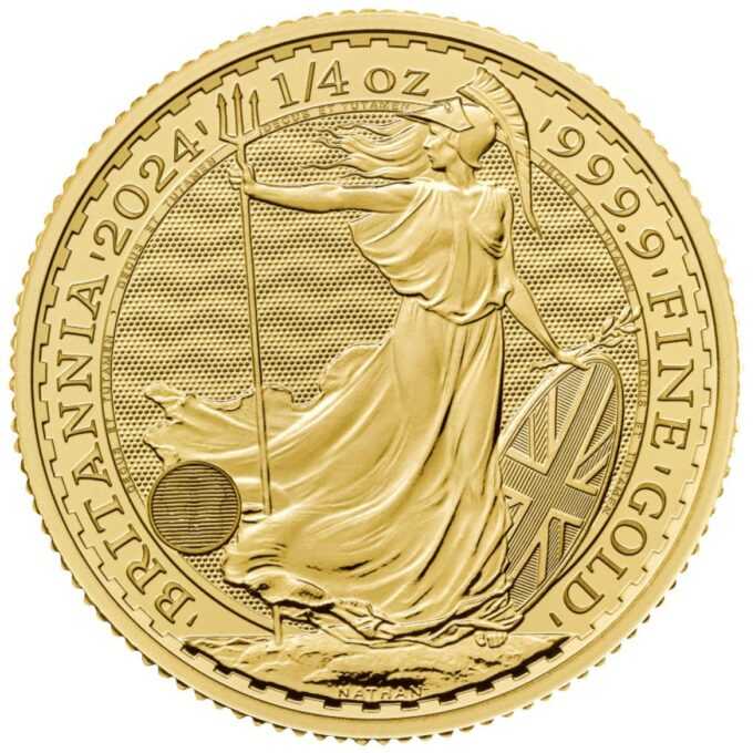 Minca Britannia 1/4 oz, ročník 2024 je vyrazená Britskou kráľovskou mincovňou z 1/4 unce 99,99% rýdzeho zlata. Ženská postava v brnení je symbolom vlastenectva krajiny. Motív je obklopený nápismi "Britannia 2024" a "1/4 OZ 9999 FINE GOLD". Zlatú mincu Britannia vydáva Britská kráľovská mincovňa od roku 1987.
Minca obsahuje inovatívnu bezpečnostnú technológiu, ktorá z nej robí vizuálne najbezpečnejšiu zlatú mincu na svete. Vyobrazenie Britannie od Philipa Nathana, vyrazené z rýdzeho zlata 999,9 a vylepšené štyrmi bezpečnostnými prvkami, je na tejto zlatej minci také krásne ako kedykoľvek predtým.
V ľavej dolnej časti návrhu, pod splývavými šatami Britannie, predstavuje trojzubec jej námornú históriu a silu. Keď pozorovateľ zmení perspektívu, tento trojzubec sa stane visiacim zámkom, ktorý zdôrazňuje bezpečnú povahu mince. Povrchová animácia odráža pohyb vĺn a jemné detaily, ako napríklad vlajka Únie na štíte Britannie, boli starostlivo zvýraznené v tejto zlatej povrchovej úprave mince. Tieto pridané bezpečnostné prvky zdobia a chránia mincu, rovnako ako mikrotext, ktorý lemuje dizajn, uvádza – „Decus et Tutamen“, čo v preklade znamená „Ozdoba a ochrana“.
Zlatá minca sa dodáva voľne.