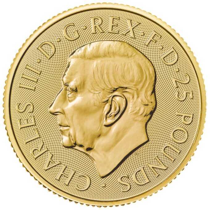 Minca Britannia 1/4 oz, ročník 2024 je vyrazená Britskou kráľovskou mincovňou z 1/4 unce 99,99% rýdzeho zlata. Ženská postava v brnení je symbolom vlastenectva krajiny. Motív je obklopený nápismi "Britannia 2024" a "1/4 OZ 9999 FINE GOLD". Zlatú mincu Britannia vydáva Britská kráľovská mincovňa od roku 1987.
Minca obsahuje inovatívnu bezpečnostnú technológiu, ktorá z nej robí vizuálne najbezpečnejšiu zlatú mincu na svete. Vyobrazenie Britannie od Philipa Nathana, vyrazené z rýdzeho zlata 999,9 a vylepšené štyrmi bezpečnostnými prvkami, je na tejto zlatej minci také krásne ako kedykoľvek predtým.
V ľavej dolnej časti návrhu, pod splývavými šatami Britannie, predstavuje trojzubec jej námornú históriu a silu. Keď pozorovateľ zmení perspektívu, tento trojzubec sa stane visiacim zámkom, ktorý zdôrazňuje bezpečnú povahu mince. Povrchová animácia odráža pohyb vĺn a jemné detaily, ako napríklad vlajka Únie na štíte Britannie, boli starostlivo zvýraznené v tejto zlatej povrchovej úprave mince. Tieto pridané bezpečnostné prvky zdobia a chránia mincu, rovnako ako mikrotext, ktorý lemuje dizajn, uvádza – „Decus et Tutamen“, čo v preklade znamená „Ozdoba a ochrana“.
Zlatá minca sa dodáva voľne.