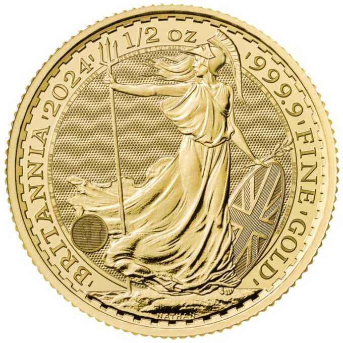 Minca Britannia 1/2 oz, ročník 2024 je vyrazená Britskou kráľovskou mincovňou z 1/2 unce 99,99% rýdzeho zlata. Ženská postava v brnení je symbolom vlastenectva krajiny. Motív je obklopený nápismi "Britannia 2024" a "1/2 OZ 9999 FINE GOLD". Zlatú mincu Britannia vydáva Britská kráľovská mincovňa od roku 1987.
Minca obsahuje inovatívnu bezpečnostnú technológiu, ktorá z nej robí vizuálne najbezpečnejšiu zlatú mincu na svete. Vyobrazenie Britannie od Philipa Nathana, vyrazené z rýdzeho zlata 999,9 a vylepšené štyrmi bezpečnostnými prvkami, je na tejto zlatej minci také krásne ako kedykoľvek predtým.
V ľavej dolnej časti návrhu, pod splývavými šatami Britannie, predstavuje trojzubec jej námornú históriu a silu. Keď pozorovateľ zmení perspektívu, tento trojzubec sa stane visiacim zámkom, ktorý zdôrazňuje bezpečnú povahu mince. Povrchová animácia odráža pohyb vĺn a jemné detaily, ako napríklad vlajka Únie na štíte Britannie, boli starostlivo zvýraznené v tejto zlatej povrchovej úprave mince. Tieto pridané bezpečnostné prvky zdobia a chránia mincu, rovnako ako mikrotext, ktorý lemuje dizajn, uvádza – „Decus et Tutamen“, čo v preklade znamená „Ozdoba a ochrana“.
Zlatá minca sa dodáva voľne.