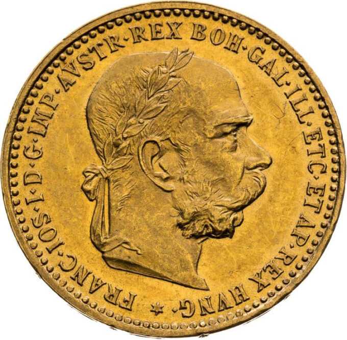 10 Korún Gold 1896 - 1906 František Jozef I. - Rakúsko
Koruna, ktorá sa datuje od menovej reformy v roku 1892, sa stala prvou zlatou menou v histórii Rakúska, keď sa namiesto guldenu vydali 10 a 20 korunové mince. 
Vznešená a oveľa väčšia 100 korunová minca bola vydaná pri diamantovom jubileu cisára Františka Jozefa v roku 1908.