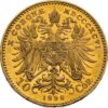 10 Korún Gold 1896 - 1906 František Jozef I. - Rakúsko
Koruna, ktorá sa datuje od menovej reformy v roku 1892, sa stala prvou zlatou menou v histórii Rakúska, keď sa namiesto guldenu vydali 10 a 20 korunové mince.
Vznešená a oveľa väčšia 100 korunová minca bola vydaná pri diamantovom jubileu cisára Františka Jozefa v roku 1908.