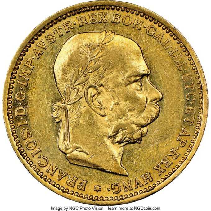 20 Korún Gold 1892 - 1905 František Jozef I. - Uhorsko
Koruna, ktorá sa datuje od menovej reformy v roku 1892, sa stala prvou zlatou menou v histórii Rakúska, keď sa namiesto guldenu vydali 10 a 20 korunové mince.
Vznešená a oveľa väčšia 100 korunová minca bola vydaná pri diamantovom jubileu cisára Františka Jozefa v roku 1908.