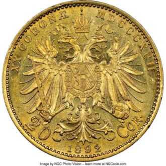 20 Korún Gold 1892 - 1905 František Jozef I. - Uhorsko
Koruna, ktorá sa datuje od menovej reformy v roku 1892, sa stala prvou zlatou menou v histórii Rakúska, keď sa namiesto guldenu vydali 10 a 20 korunové mince. 
Vznešená a oveľa väčšia 100 korunová minca bola vydaná pri diamantovom jubileu cisára Františka Jozefa v roku 1908.