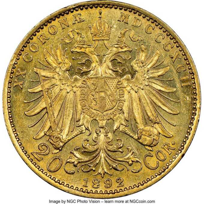 20 Korún Gold 1892 - 1905 František Jozef I. - Uhorsko
Koruna, ktorá sa datuje od menovej reformy v roku 1892, sa stala prvou zlatou menou v histórii Rakúska, keď sa namiesto guldenu vydali 10 a 20 korunové mince.
Vznešená a oveľa väčšia 100 korunová minca bola vydaná pri diamantovom jubileu cisára Františka Jozefa v roku 1908.