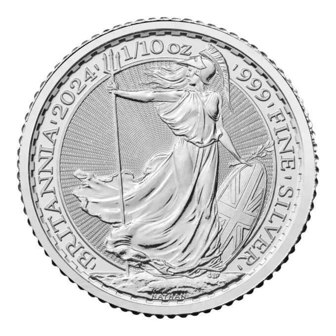 Minca Britannia 1/10oz, ročník 2024 je vyrazená Britskou kráľovskou mincovňou z 1/10 unce 999% rýdzeho striebra.
Ženská postava v brnení je symbolom vlastenectva krajiny. Motív je obklopený nápismi "Britannia 2024" a "1/10 OZ 999 FINE SILVER". 
Minca sa dodáva voľne. V tube je 16 ks mincí.
Minca obsahuje inovatívnu bezpečnostnú technológiu, ktorá z nej robí vizuálne najbezpečnejšiu zlatú a striebornú mincu na svete.
V ľavej dolnej časti návrhu, pod splývavými šatami Britannie, predstavuje trojzubec jej námornú históriu a silu. Keď pozorovateľ zmení perspektívu, tento trojzubec sa stane visiacim zámkom, ktorý zdôrazňuje bezpečnú povahu mince. Povrchová animácia odráža pohyb vĺn a jemné detaily, ako napríklad vlajka Únie na štíte Britannie, boli starostlivo zvýraznené v tejto zlatej povrchovej úprave mince. Tieto pridané bezpečnostné prvky zdobia a chránia mincu, rovnako ako mikrotext, ktorý lemuje dizajn, uvádza – „Decus et Tutamen“, čo v preklade znamená „Ozdoba a ochrana“.