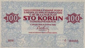 Bankovka. 100 Kč 1919, Meszáros (Typ II.). Séria: 0010 - 166683. Stav: UNC.