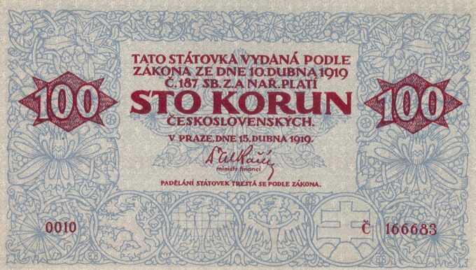 100 Kč 1919, Meszáros (Typ II.)
Séria: 0010 - 166683
Stav: UNC
 