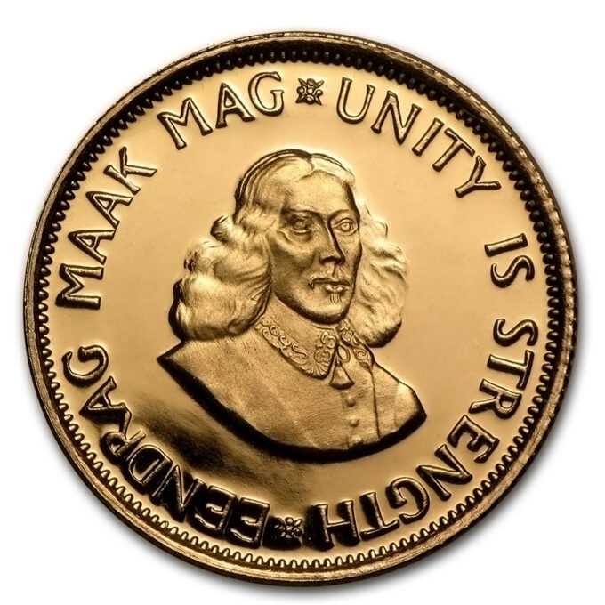 2 Rand - Južná Afrika 1961 - 1980 (Rôzny ročník)
2 Rand - Zlatá minca razená juhoafrickou rafinériou Rand. Minca bola razená v rokoch 1961 až 1983 a má presne rovnaké rozmery a obsah zlata ako Britský Soverin.
Rub: na rube mince je vyobrazená antilopa, ktorá sa výnimočne vyskytuje len v južnej a juhozápadnej Afrike. Okolo antilopy v afrických a anglických jazykoch sú nápisy "SUID - AFRIKA" rok a "SOUTH - AFRICA". V spodnej časti mince je nominálna hodnota „2R“ (angl. 2 Rand).
Lícna strana: Líc mince zobrazuje Jana van Riebeecka, správcu holandskej kolónie, v Kapskom Meste, hlavnom meste Južnej Afriky. Okolo nápis v afrických a anglických jazykoch "EENDRAG MAAK * MAG UNITY IS STRENGTH".