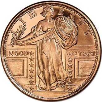 Minca Standing Liberty 1 oz ADVP Copper Round je replika založená na 25-centovej minci, ktorú razila mincovňa Spojených štátov v rokoch 1916 až 1930. Nahradila tzv. „Barber quarter“, ktorá sa razila od roku 1892. Na líci je zobrazená bohyňa of Liberty na jednej strane a orol v lete na druhej, pôvodnú mincu navrhol sochár Hermon Atkins MacNeil.
Minca nemá oficiálnu nominálnu hodnotu. Je to čisto investičná minca. Rýdzosť a hmotnosť sú však vyrazené na zadnej strane s nápisom „One Unce .999 Fine Copper AVDP“.
Zvláštnosťou mince je okrem obľúbeného motívu určite aj to, že máte jednu z mála možností priamo aj fyzicky investovať do „zabudnutého“ polodrahokamu medi.
Dôležité upozornenie: Minca váži jednu uncu Avoirdupois. Čistá hmotnosť mince je teda = 28,3495 gramov, čo stojí za zmienku, pretože zlaté mince sa zvyčajne vážia v trójskych unciach (~ 31,103 g).