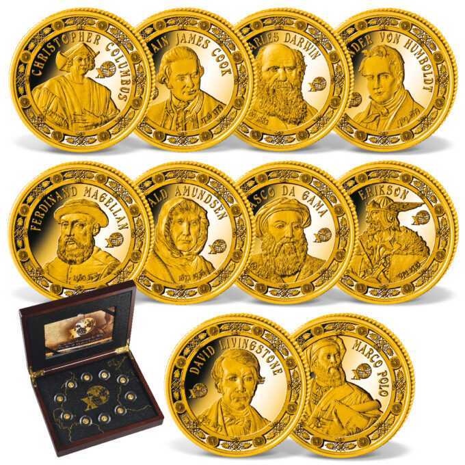 Sada 10 kusov zlatých mincí „Najväčší bádatelia sveta“.
Priniesli revolúciu v histórii a otvorili nové obzory – geograficky a intelektuálne: desať mužov, ktorí zmenili svet. Vrátane: Marca Pola, ktorý sa vo veku 17 rokov vydal na plavbu objavovať Čínu; samouka Jamesa Cooka, ktorý vytvoril také presné mapy svojich ciest, že ich bolo možné vylepšiť až o 200 rokov neskôr; a Charles Darwin, ktorého evolučná teória zásadne otriasla svetom človeka.
 
Charles Darwin - otec evolučnej teórie
Marco Polo - Najmladší veľký svetový objaviteľ
James Cook – od učňa uhoľného plavidla po objaviteľa
Krištof Kolumbus – (druhý) objaviteľ Ameriky
Alexander von Humboldt - Druhý ´Columbus´
David Livingstone - jeho srdce zostáva v Afrike
Prvý oboplávanie sveta - Ferdinand Magellan
Roald Amundsen - prieskumník oboch pólov
Leif Eriksson – (prvý) objaviteľ Ameriky
Vasco da Gama