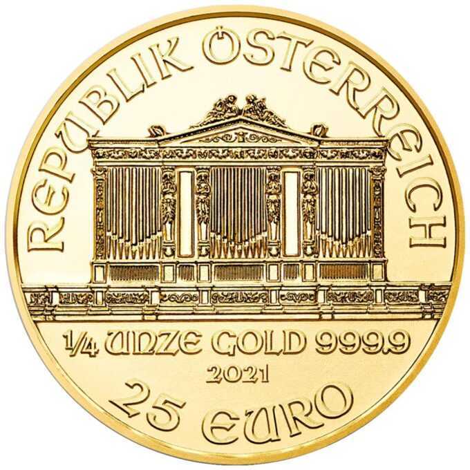 Skutočná klasika – Zlaté Investičné mince „Viedenská filharmónia“, ktoré boli vydané prvýkrát v roku 1989, a odvtedy patria k najvyhľadávanejším zlatým minciam na celom svete.
Mincu vyrazila rakúska mincovňa z 1/4 unce 99,99% rýdzeho zlata.
Ikonická minca „Viedenská filharmónia“ má rovnaký motív od svojho vzniku a predstavuje niekoľko nástrojov viedenského orchestra – viedenský roh, violončelo, harfu, fagot a husle. Na lícnej strane je umiestnený slávny píšťalový organ zo zlatej sály viedenského Musikvereinu, ktorý je uznávaný po celom svete ako pozadie novoročných koncertov filharmónie. Zlatá minca sa dodáva voľne bez balenia.
