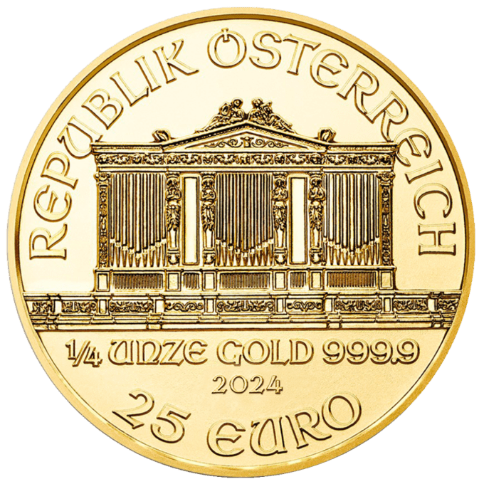 Skutočná klasika – Zlaté Investičné mince „Viedenská filharmónia“, ktoré boli vydané prvýkrát v roku 1989, a odvtedy patria k najvyhľadávanejším zlatým minciam na celom svete.
Emisiu roku 2024 vyrazila rakúska mincovňa z 1/4 unce 99,99% rýdzeho zlata.
Ikonická minca „Viedenská filharmónia“ má rovnaký motív od svojho vzniku a predstavuje niekoľko nástrojov viedenského orchestra – viedenský roh, violončelo, harfu, fagot a husle. Na lícnej strane je umiestnený slávny píšťalový organ zo zlatej sály viedenského Musikvereinu, ktorý je uznávaný po celom svete ako pozadie novoročných koncertov filharmónie. Zlatá minca sa dodáva voľne bez balenia.