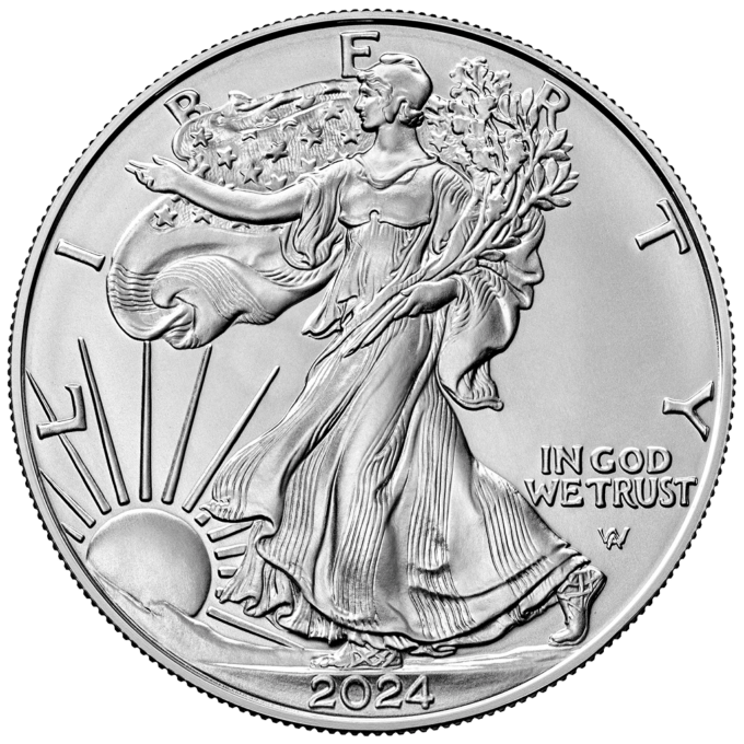 Edíciu American Silver Eagle 2024 razila americká mincovňa z jednej unce rýdzeho 999% striebra. Motív zobrazuje ikonickú bohyňu „Walking Liberty“ od Adolpha A. Weinmana, ktorá kráča k vychádzajúcemu slnku.
Na zadnej strane je zobrazený americký orol bielohlavý. Dizajn amerického orla bol pri príležitosti svojho 35. výročia v roku 2022 zmenený. Dizajn navrhla dizajnérka AIP Emily Damstra a zobrazuje majestátneho bielohlavého orla, ktorý pristáva na dubovú vetvu. Orla obklopujú nápisy „SPOJENÉ ŠTÁTY AMERICKÉ“ a „1OZ. FINE SILVER - ONE DOLLAR“. Strieborná minca 2024 s novým dizajnom je dodávaná voľne bez obalu.
Info: Ak si objednáte 20 mincí, mince sa dodávajú v pôvodnej tube od americkej mincovne.
 