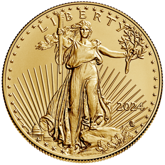 Minca American Eagle 2024 je razená americkou mincovňou z jednej unce zlata.
Na motíve je Lady Liberty kráčajúca sebavedomo proti slnečným lúčom. V pravej ruke drží pochodeň a v ľavej olivovú ratolesť, ktorá symbolizuje mier.
Na rube je vyobrazený americký orol bielohlavý. Nový dizajn vytvorila Jennie Norris a zobrazuje pôsobivý detailný portrét orla, ktorý je obklopený nápismi "SPOJENÉ ŠTÁTY AMERICKÉ" a "1/2 OZ. FINE GOLD - 25 DOLLARS".
Zlatá minca sa dodáva voľne bez obalu.