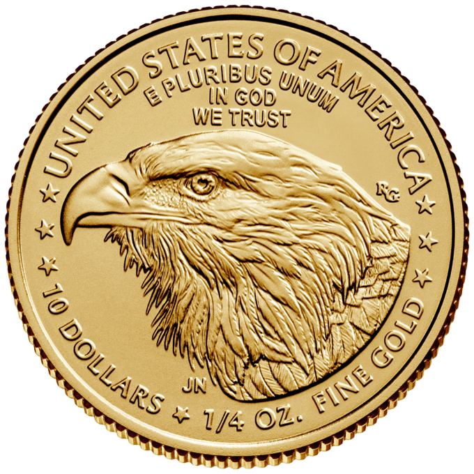 Minca American Eagle 2023 je razená americkou mincovňou z 1/4 unce zlata v UNC kvalite.
Na motíve je Lady Liberty kráčajúca sebavedomo proti slnečným lúčom. V pravej ruke drží pochodeň a v ľavej olivovú ratolesť, ktorá symbolizuje mier. Na rube je vyobrazený americký orol bielohlavý.
Nový dizajn vytvorila Jennie Norris a zobrazuje pôsobivý detailný portrét orla, ktorý je obklopený nápismi "SPOJENÉ ŠTÁTY AMERICKÉ" a "1/4 OZ. FINE GOLD - 10 DOLLARS".
Populárna minca American Gold Eagle s novým dizajnom je dodávaná voľne – bez obalu.