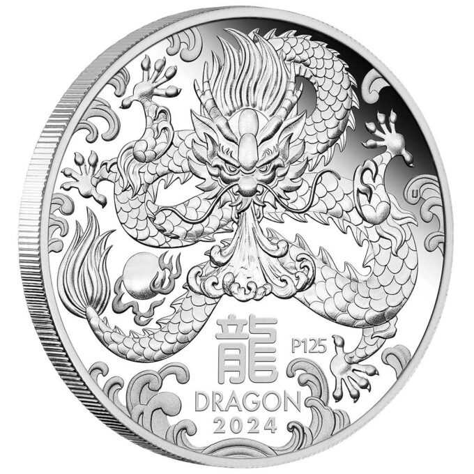 Nové vydanie austrálskej lunárnej série III mincovne v Perthe je venované roku draka.
Drak je piate zviera v kalendári čínskeho zverokruhu. Piate číslo 12-ročnej série Lunar III obsahuje detailné zobrazenie mýtického tvora. Draka obklopujú štylizované vlny a horiaca perla. Dizajn tiež obsahuje čínsky znak pre „Dragon“, nápis „DRAGON 2024“ a značku mincovne „P125“ označujúcu 125. výročie Mincovne v Perthe.
Na rube je zobrazený portrét kráľovnej Alžbety II., doplnený o dátumy jej vlády, nominálnu hodnotu a rýdzosť.