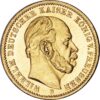 20 Mark Gold Coin 1874 - 1888 WilliamI I. - German Empire
Averz
Prsia smerom doprava.
Nápis: WILHELM DEUTSCHER KAISER KÖNIG V. PREUSSEN
 
Reverz
Korunovaný cisársky orol s hodnotou v spodnej časti medzi dvoma hviezdami a dátumom na konci legendy.
Nápis: DEUTSCHES REICH 18xx
* 20 MARK *


Mincovne