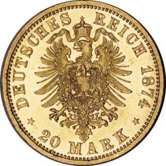 20 Mark Gold Coin 1874 - 1888 WilliamI I. - German Empire
Averz
Prsia smerom doprava.
Nápis: WILHELM DEUTSCHER KAISER KÖNIG V. PREUSSEN
 
Reverz
Korunovaný cisársky orol s hodnotou v spodnej časti medzi dvoma hviezdami a dátumom na konci legendy.
Nápis: DEUTSCHES REICH 18xx
* 20 MARK *


Mincovne