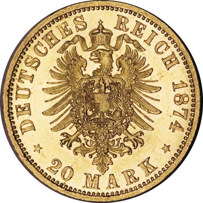 20 Mark Gold Coin 1874 - 1888 WilliamI I. - German Empire
Averz
Prsia smerom doprava.
Nápis: WILHELM DEUTSCHER KAISER KÖNIG V. PREUSSEN
 
Reverz
Korunovaný cisársky orol s hodnotou v spodnej časti medzi dvoma hviezdami a dátumom na konci legendy.
Nápis: DEUTSCHES REICH 18xx
* 20 MARK *Mincovne