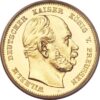 10 Mark Gold Coin 1874 - 1888 WilliamI I. - German Empire
Averz
Prsia smerom doprava.
Nápis: WILHELM DEUTSCHER KAISER KÖNIG V. PREUSSEN
 
Reverz
Korunovaný cisársky orol s hodnotou v spodnej časti medzi dvoma hviezdami a dátumom na konci legendy.
Nápis: DEUTSCHES REICH 18xx
* 10 MARK *
 