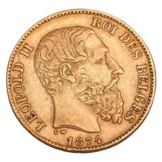 Averz
Hlava kráľa Leopolda II. otočená vpravo, obklopená nápisom vo francúzštine. Dátum a návrhár nižšie.
Nápis: LEOPOLD II ROI DES BELGES, L W, 18xx
Preklad: Leopold Druhý, kráľ Belgičanov
Reverz
Korunovaný erb Belgicka, motto vo francúzštine hore, hodnota dole.
Nápis: L´UNION FAIT LA FORCE, 20 FR.
Preklad: Jednota robí silu, 20 frankov
Hrana
Nápis: DIEU * PROTEGE * LA * BELGIQUE *****